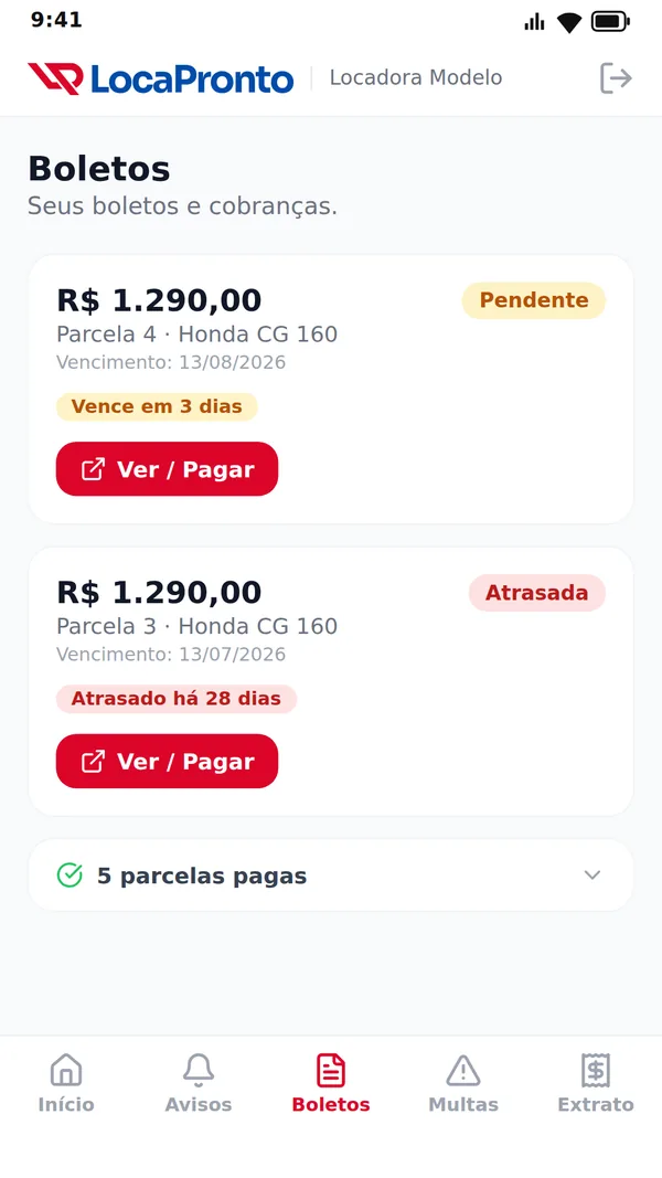 App do locatário: boletos e Pix
