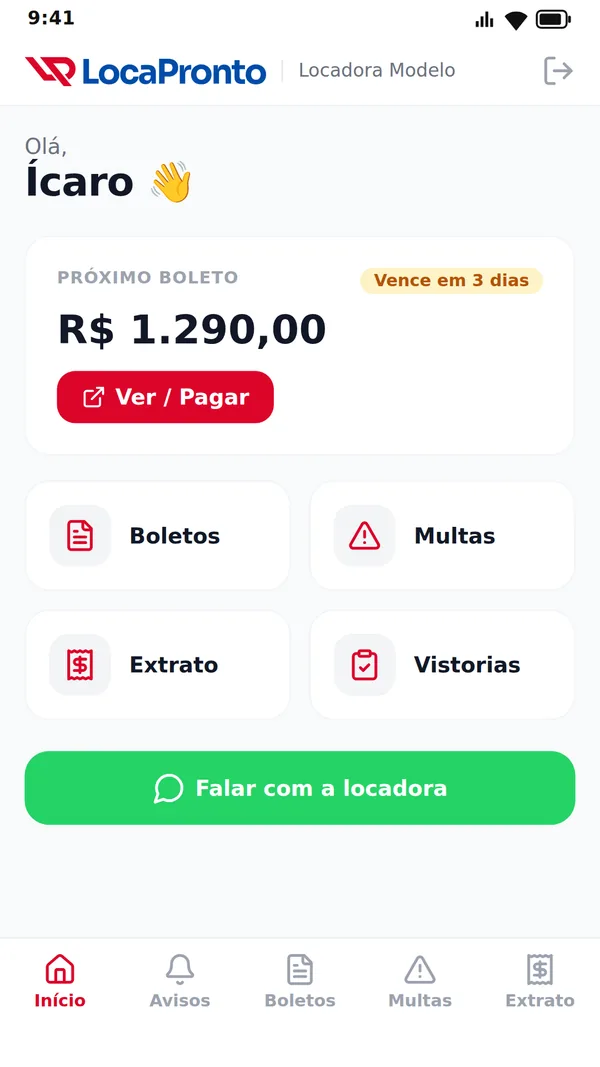 App do locatário: tela inicial com o próximo boleto