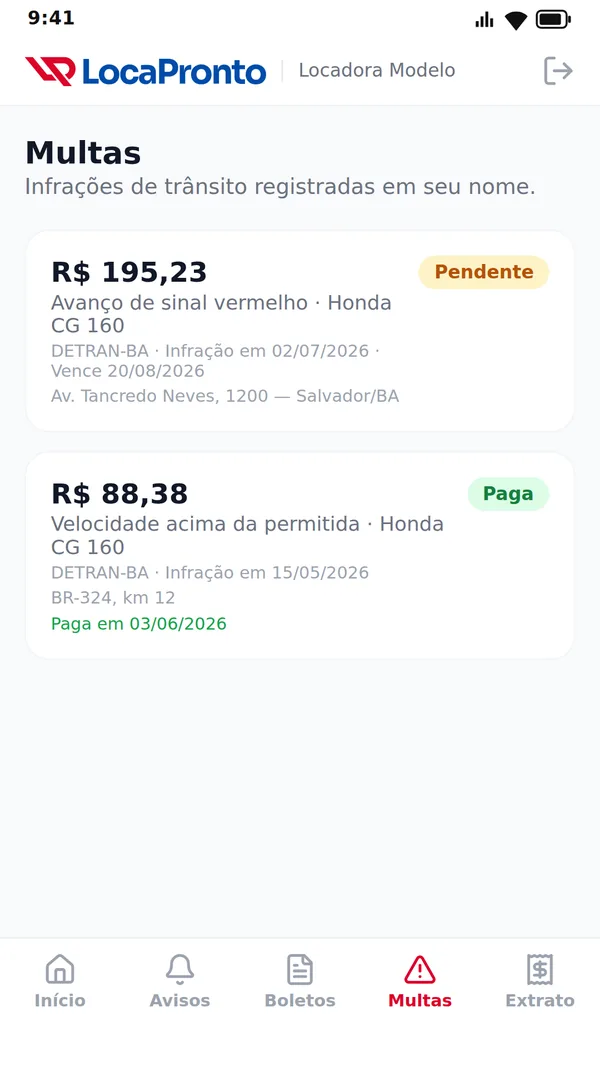 App do locatário: multas registradas no nome do locatário